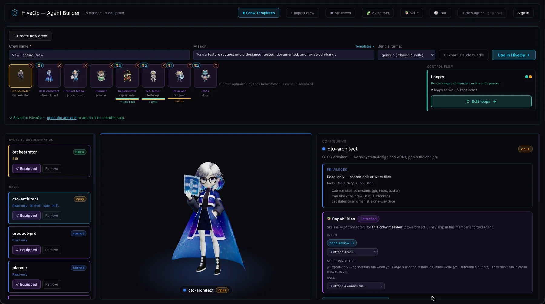 HiveOp Agent Builder — composing a crew of specialist AI agents
