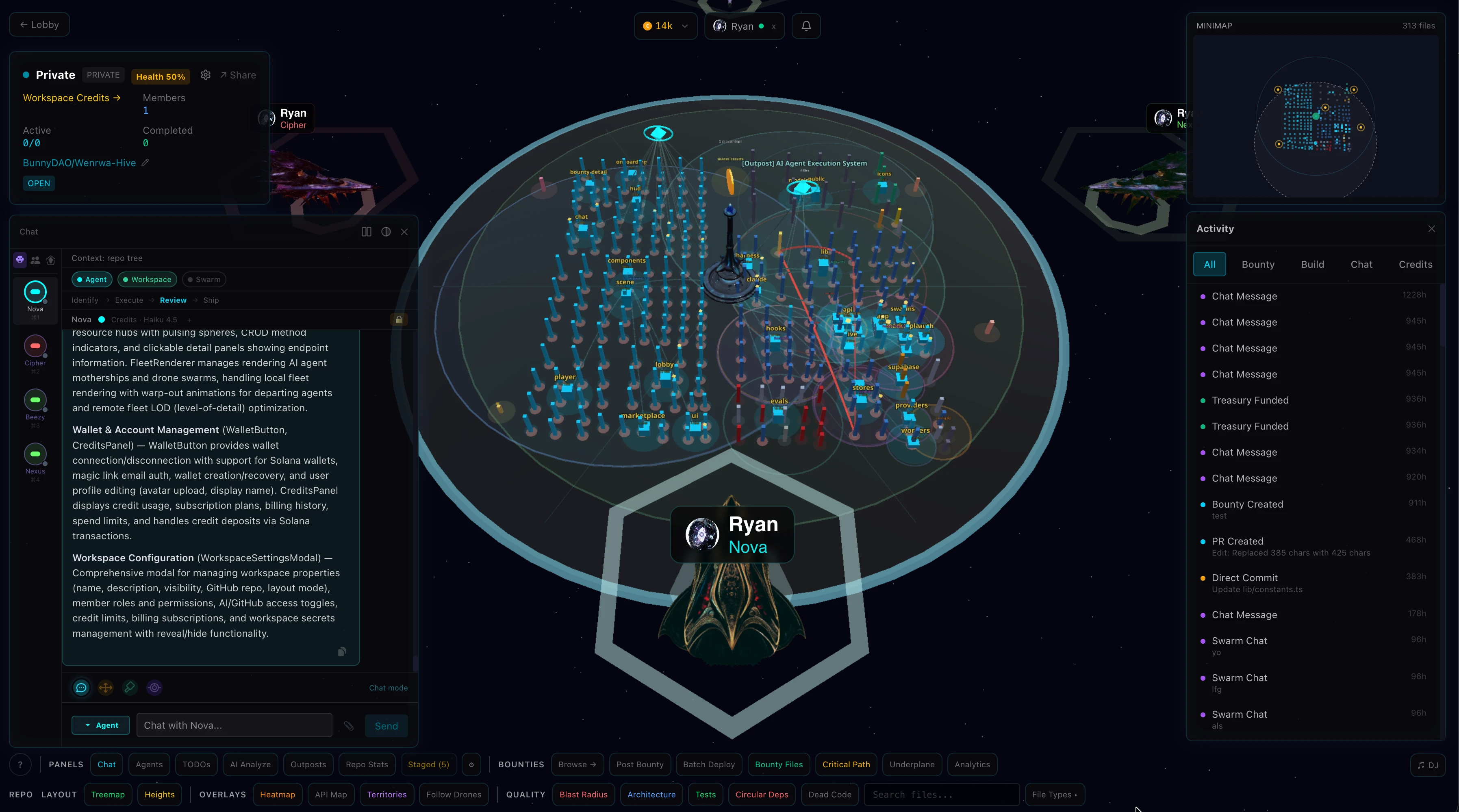 HiveOp — galaxy view with an AI agent mothership orbiting a 3D-mapped codebase