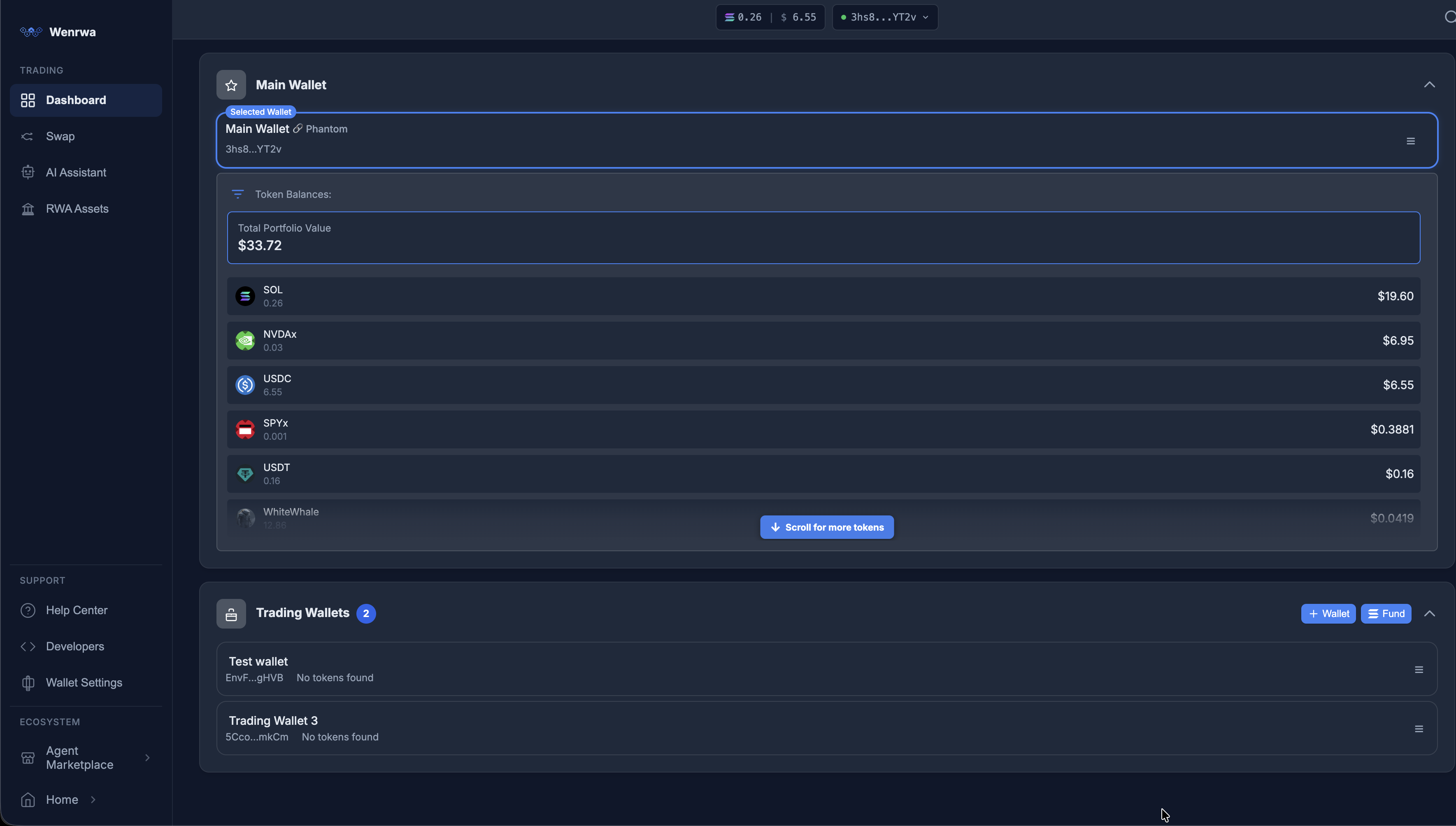 Wenrwa Trading App — Dashboard with portfolio value, token balances, and trading wallets